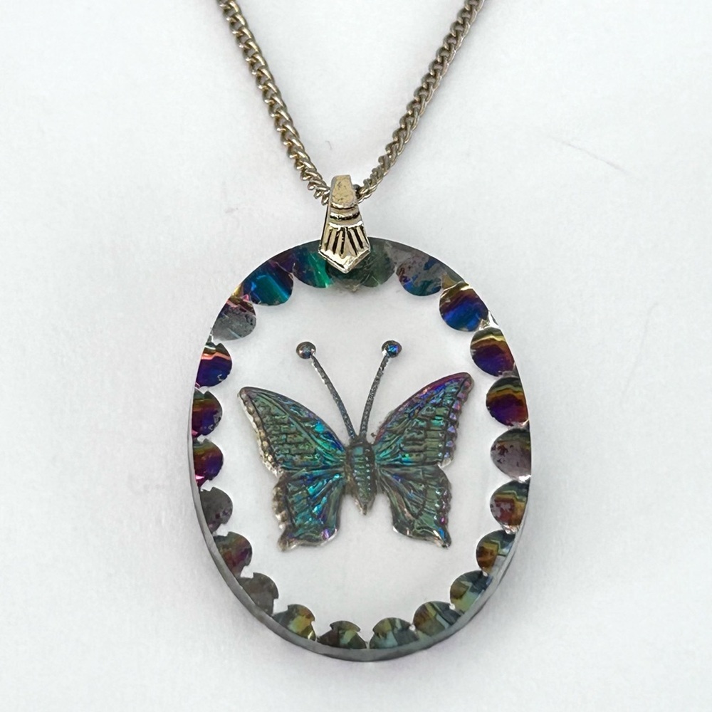 Reverse Glass Carved Butterfly Indigo Retro Pendant Silver Tone Chain Necklace